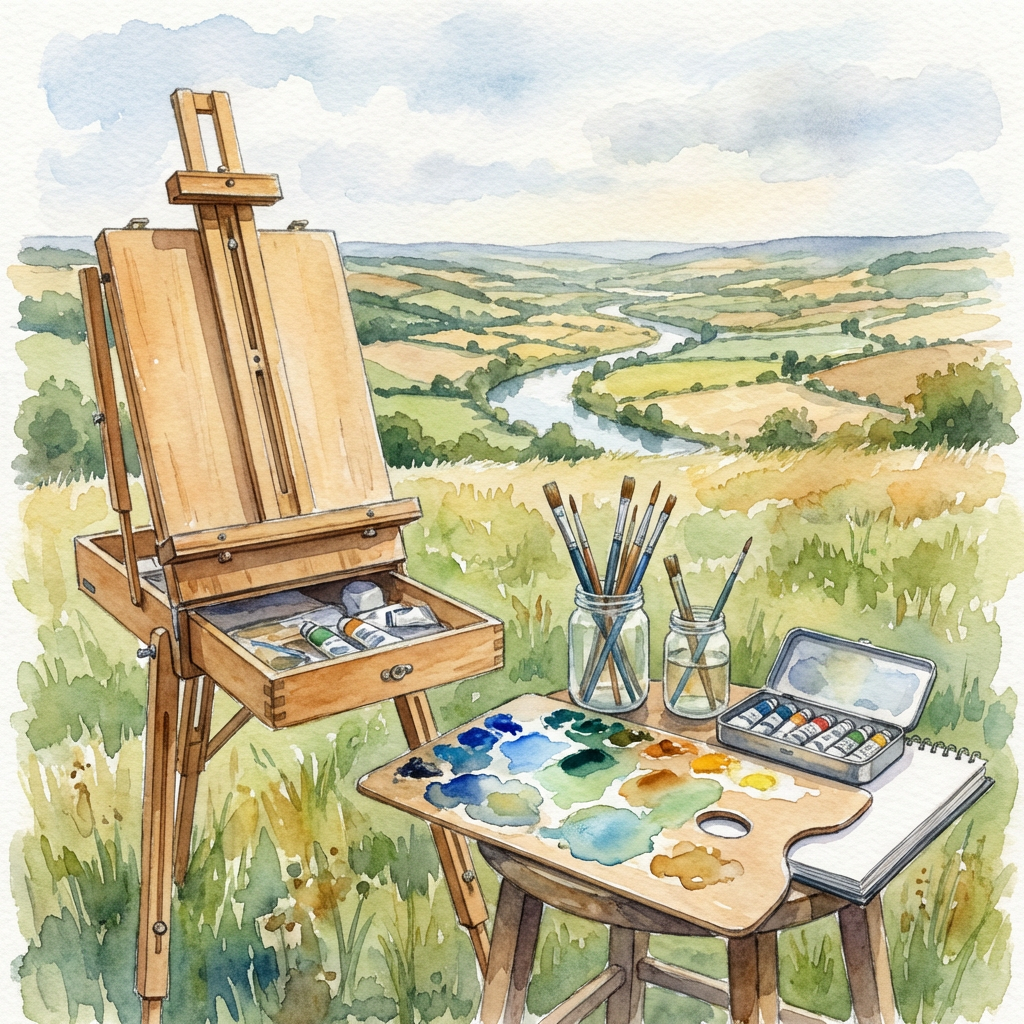Watercolor illustration of an empty easel and painting supplies overlooking a lush river valley.