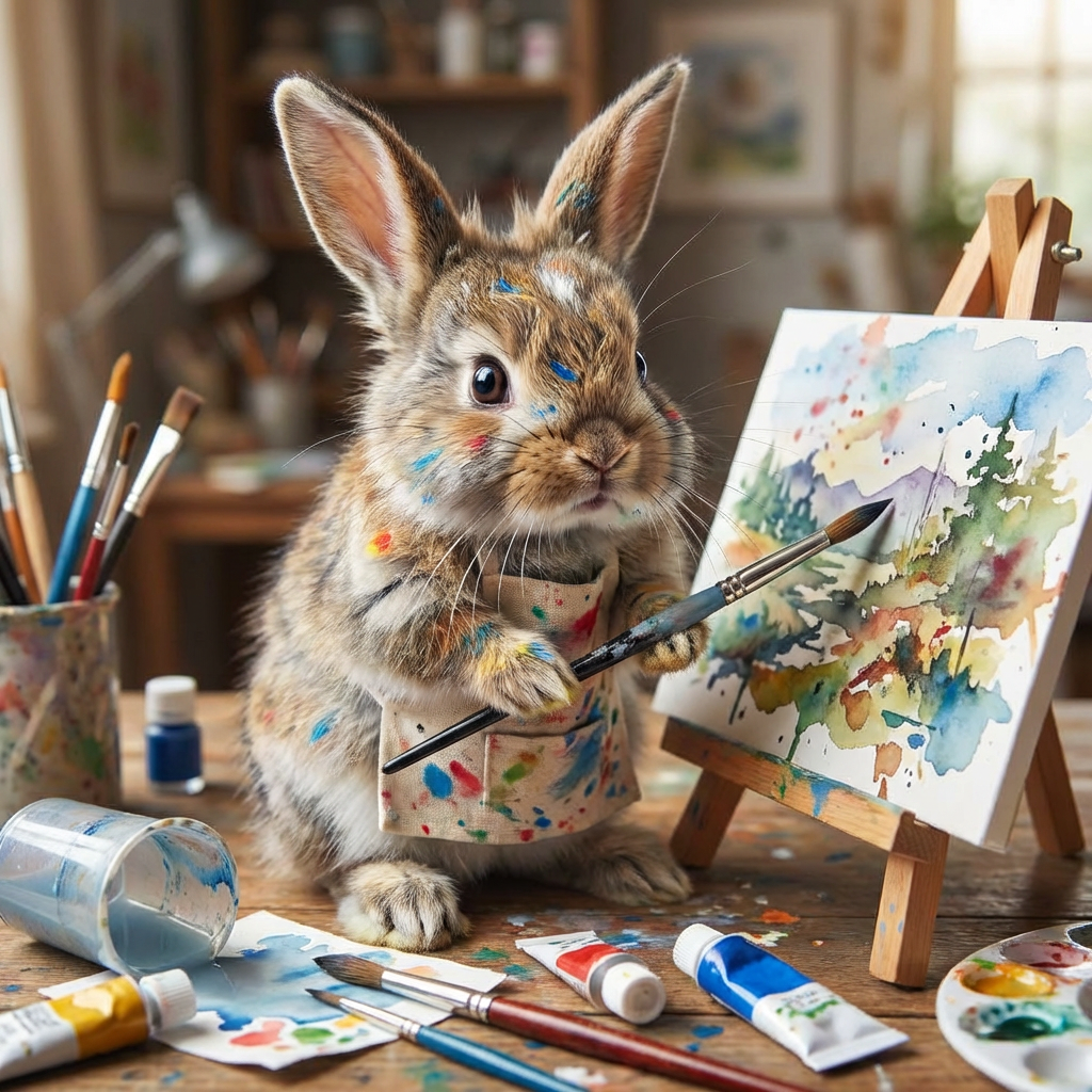 A cute rabbit wearing a painter's apron, holding a paintbrush, and surrounded by art supplies, with a watercolor painting on an easel.