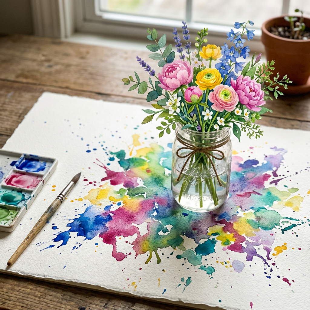 Watercolor paint palette, brush, and painted paper with a glass jar of flowers