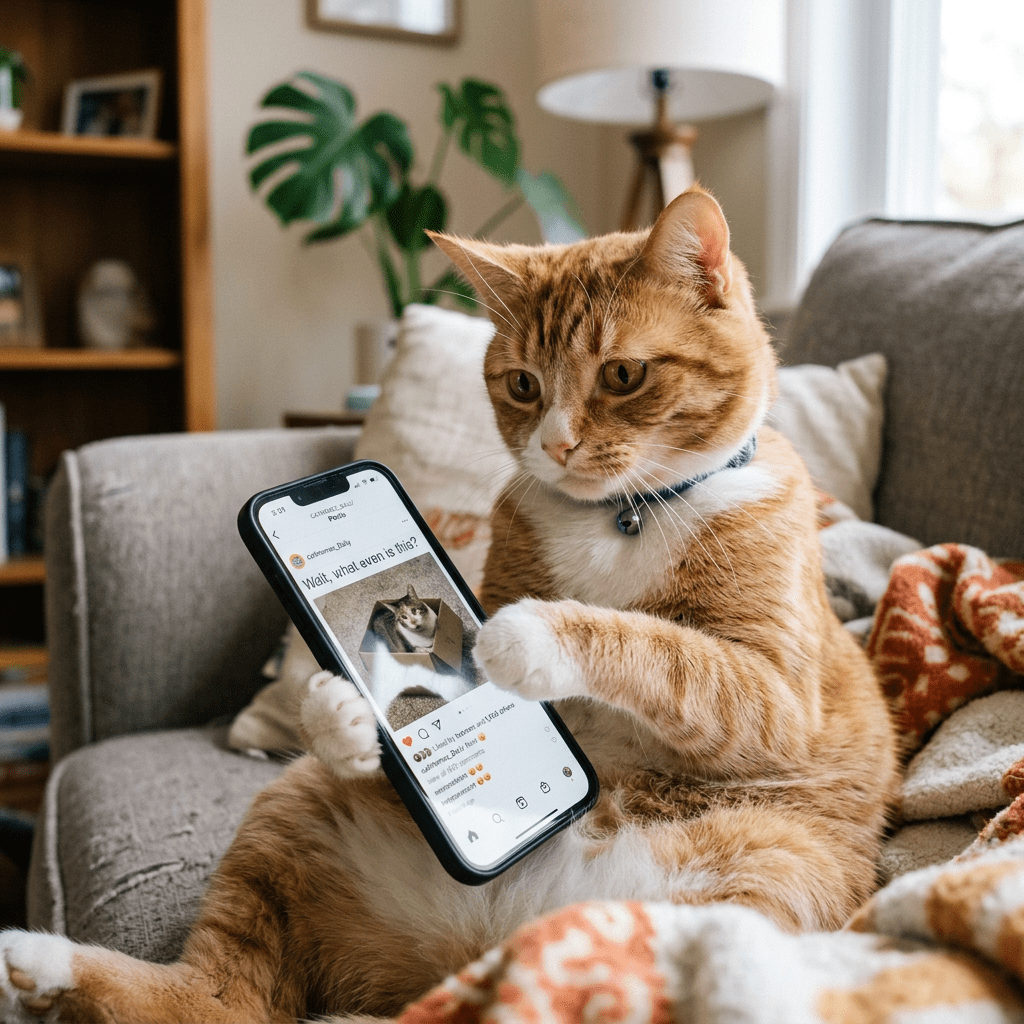 Orange tabby cat holding a smartphone displaying a social media post about a cat in a box