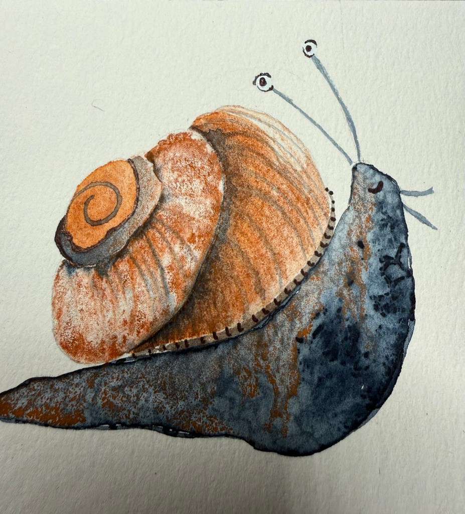 Watercolor illustration of a brown and orange snail with a spiral shell, featuring two antennae with large eyes.