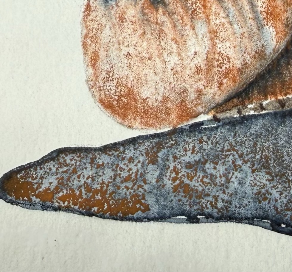 Close-up of a textured, abstract painting featuring bold colors of orange and gray resembling natural forms or landscapes.