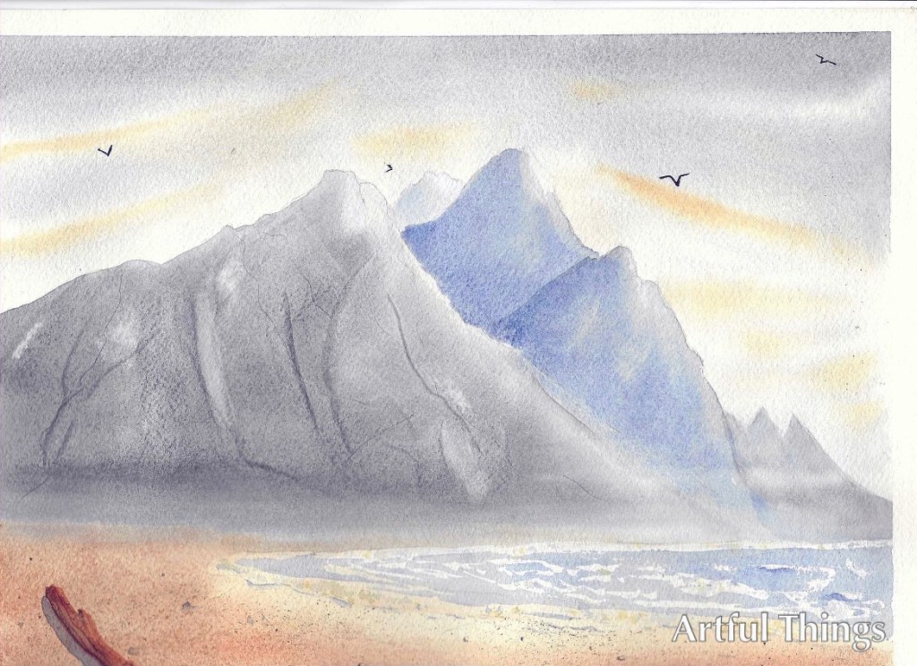 Watercolor mountains and&nbsp;ocean
