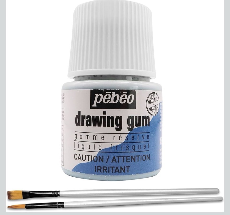 A bottle of Pebeo drawing gum, featuring a white cap and a blue label that reads 'drawing gum' and 'caution irritant', accompanied by two paintbrushes.